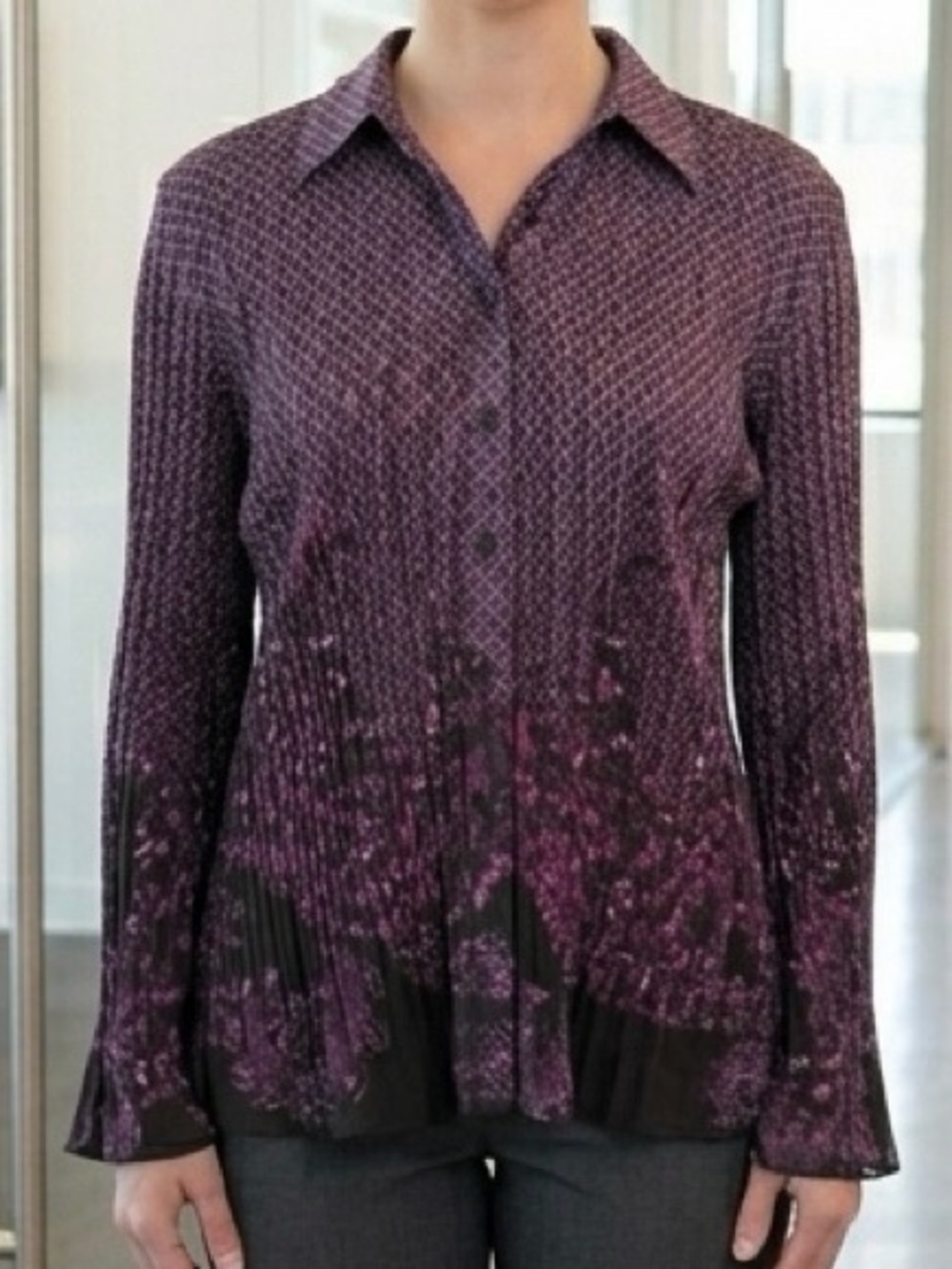 Fred David Stretch Purple Black Pleated Button Down Blouse Sz XL EUC Work Office